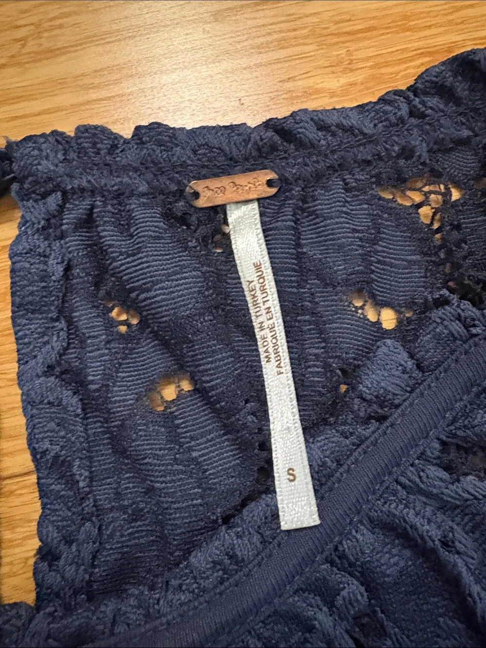 Free People Olivia Lace Tee Balloon Sleeve Blouse Blue Small boho romantic